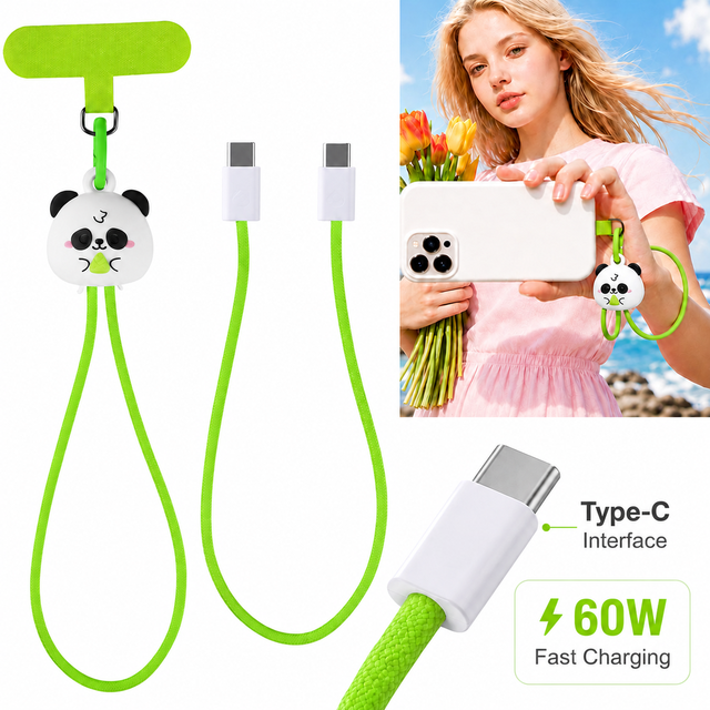 Creative Wrist Strap 60W Fast Charging Cable Panda Themed Cord Portable Fashionable Phone Fast Charging Cable for School Outdoor