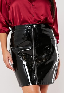 OEM Embroidered logo Women <strong>Plus</strong> <strong>Size</strong> Vinyl Zip Front High Waist Sexy Mini Shiny <strong>Skirt</strong> Faux Pu Leather <strong>Skirt</strong> - Product Image 2
