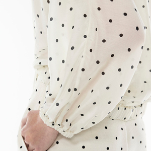 Camicetta Elegante da <span class=keywords><strong>Donna</strong></span> Color Crema a Pois con Scollo a V, Maniche Lunghe a Palloncino, in Viscosa, con Laccetti in Vita, Top Casual Chic alla Moda - Product Image 3