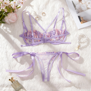 Ensemble de <span class=keywords><strong>lingerie</strong></span> en dentelle à deux pièces avec broderie florale sexy pour femmes, vêtements de nuit transparents, livraison directe - Product Image 5