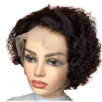 Perruque Lace Frontal Closure wig brésilienne naturelle, cheveux humains vierges, coupe Pixie courte, bouclée, bon marché, perruques pour femmes noires
