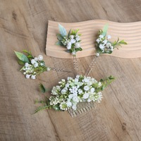 Ensemble d'accessoires capillaires en plastique style forêt, blanc vert frais, avec perles et gypsophile, comprenant une épingle à cheveux et un peigne de mariée, coiffe de mariage éthérée