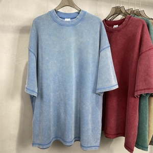 2025 Summer 400GSM Heavyweight Acid Washed T-Shirt Men's Vintage Distressed Cotton Men's Short Drop Sleeve Custom Blank <b>Tshirt</b> - Product Image 2