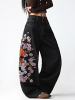 Jean baggy vintage pour femme, coupe large, noir délavé à l'acide, avec broderie 3D et motif de créateur en denim
