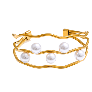 Pulseras Minimalistas de Acero Inoxidable con Baño de Oro de 18K, Imitación de Perlas y Diseño Geométrico, Resistentes al Agua, para Mujer - Product Image 1