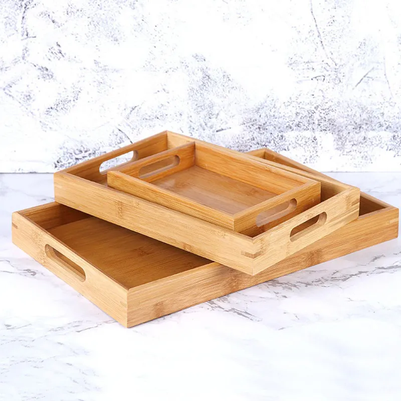 Eco-Friendly Durable Natural Rectangular Bamboo Serving Tray with Handles Custom Wooden Breakfast Tray for Home Hotel Kitchen