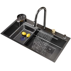 Évier de cuisine nano tendance, rectangulaire, en acier inoxydable <span class=keywords><strong>noir</strong></span>, à cuve unique, avec robinet, à encastrer sous le plan. - Product Image 1