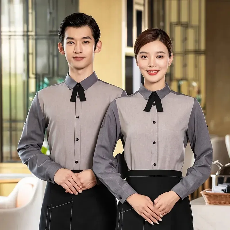 Hotel Restaurant Server Catering Keuken Bedienend Personeel Ober Serveerster Logo Custom Werkende Blouse Knoop Down Uniform Shirt Shirts
