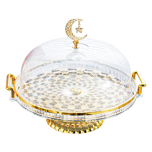 Gold Rimmed Transparent Fruit Plate With Lid Dessert Display <b>Stand</b> For Home Living Room Cake Pastry Serving Tray Plastic - Product Image 5