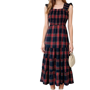 <b>Plaid</b> Midi <b>Dress</b> With Ruffles Square Neck Sleeveless A-Line Casual Autumn Cotton Blend <b>Dress</b> - Product Image 1