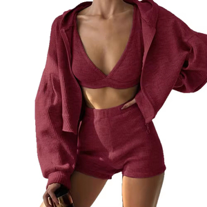 Conjunto de 3 piezas de punto sexy para mujer, ideal para el verano: <span class=keywords><strong>blazer</strong></span> midi con lazo en el cuello, top corto y shorts deportivos casuales con capucha. ¡Gran oferta! - Product Image 6