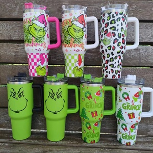 Vasos Térmicos de Acero Inoxidable de Doble Pared con Aislamiento al Vacío de 40oz, 6 Colores, Diseño <span class=keywords><strong>Grinch</strong></span> de Feliz Navidad, Verdes con Asa y Pajita, Taza de Oficina - Product Image 6