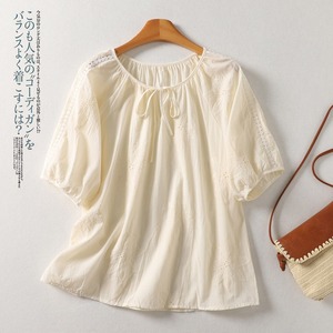 2026 Neue Sommer Großhandel Blumenbestickte Baumwoll-Leinen Französisch-Schicke Mori Girl T-Shirts mit Bindekragen und Losen Raglanärmeln für Damen - Product Image 2