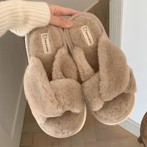 XIXITIAO Fashionable Cross Strap Women Winter Slippers Warm Comfortable Fluffy Fur Home Indoor Slippers Soft Slippers For Women