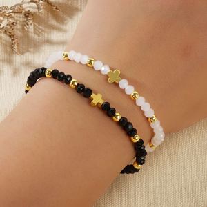 Nouvel Arrivage – Ensemble de 2 Bijoux Fantaisie Faits Main : Bracelets Porte-Bonheur en Perles de Cristal Noir et Blanc avec Croix, pour Femme – Cadeaux Quotidiens - Product Image 2