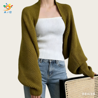 AJB 2026 Cardigan court vintage en laine/nylon tricoté anti-plis à col bébé et manches longues pour femme, couleur unie, hiver