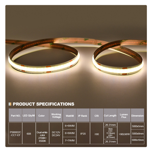 Tira de Luz LED COB de Doble CCT Blanco PERFECT, 608 LED, 2700K y 6500K Ajustables, DC12V 24V, IP20, 90LM, para Iluminación Ambiental Personalizada - Product Image 2