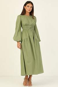 Robe <span class=keywords><strong>longue</strong></span> <span class=keywords><strong>longue</strong></span> à manches longues ballon <span class=keywords><strong>et</strong></span> col rond de couleur unie pour femme de style australien - Product Image 2