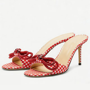 Mules à talons hauts pour femmes, grandes tailles 45, colorées, à motif écossais, avec strass, coupe large, chaussures habillées - Product Image 3