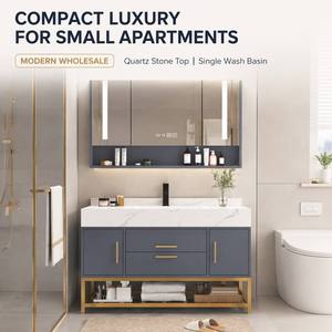 Meuble <span class=keywords><strong>de</strong></span> <span class=keywords><strong>salle</strong></span> <span class=keywords><strong>de</strong></span> <span class=keywords><strong>bain</strong></span> moderne et étanche avec plan <span class=keywords><strong>de</strong></span> travail en quartz et vasque simple pour petits appartements - Product Image 6