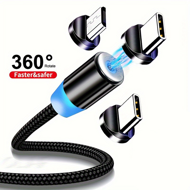 Nylon Braided 1M 2M Fast Magnetic Usb Charger Led Indicator Charging Cable 3 in 1 Magnet Data Cable for iPhone for Samsung
