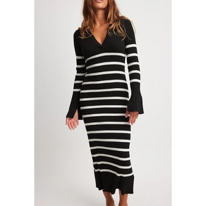 เดรสไหมพรมแขนพองทรงวีคอ ลายทาง แขนยาวทรงบาน สำหรับฤดูใบไม้ร่วง - Product Image 3