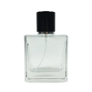 Vaporisateur en verre carré transparent 50ml, 1 pièce, pulvérisateur de parfum égyptien avec étui en cuir, autocollant avec logo, fenêtre, vente en gros