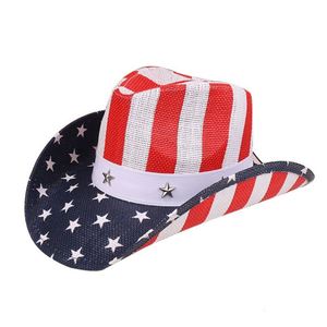 High Quality Cool Texas Style Paper Straw Wholesale Man's Wide Brim Cowboy Sun <strong>Hats</strong> With Classic Usa Flag Painting - Product Image 2