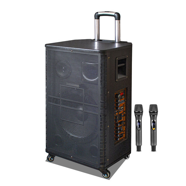 High Quality Big Power Outdoor Trolley Wooden Speaker 12 Inch Rechargeable Active Trolley Speaker With Two UHF Wireless MIC