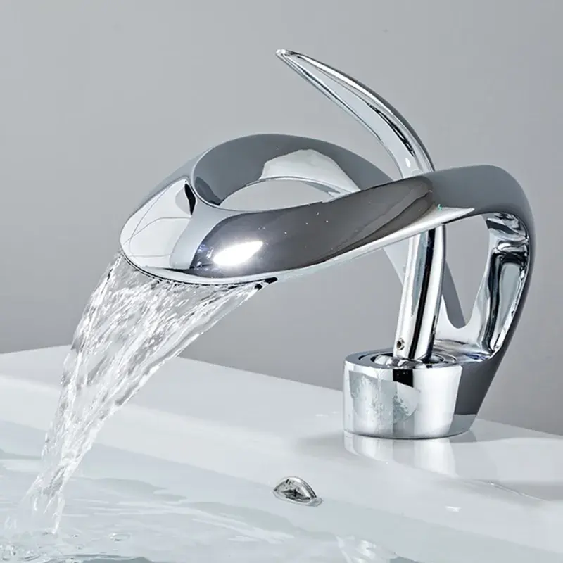 Grifo de lavabo de baño de cascada cromado, grifos mezcladores de lavabo de baño frío y caliente de un solo mango