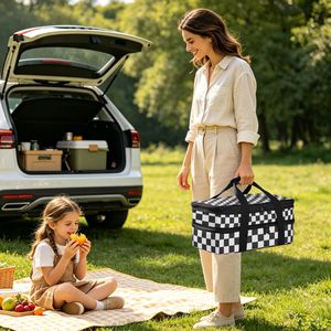 Custom Print Black/White Checkered Picnic Cookouts Expandable Double Insulated Casserole Carrier Baking Dish Cooler Bag - Product Image 4