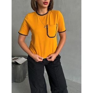 เสื้อยืดถักลายเชพเพิร์ดสีมัสตาร์ดสำหรับผู้หญิงจาก Topshow ผ้าฝ้าย 95% ผสมอีลาสเทน 5% คอกลม แขนสั้น เหมาะสำหรับใส่ลำลอง - Product Image 4