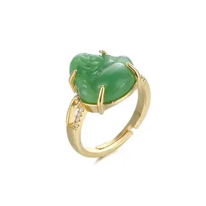 Bouddhiste Naturel Vert Jade Bouddha Anneau Religieux 14K Plaqué Or Micro Pave CZ Rire Bouddha Bague