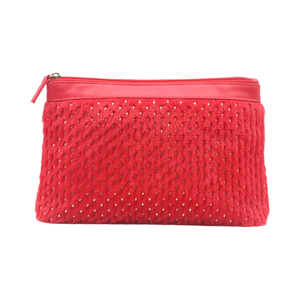 Chic Poinciana Red Faux Rabbit Fur Costura PU Bolsa de maquillaje de cuero Logotipo personalizado Patrón de punto dorado Mujeres Bolsa de cosméticos de lujo - Product Image 2