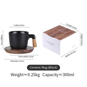 Cangkir teh keramik hitam Matt, Set hadiah cangkir kopi dengan pegangan kayu, cangkir teh keramik