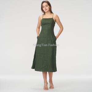 Vestidos de Lino Elegantes y a la Moda para Mujer, con Tirantes Finos, Color Verde con Bolsillo, Vestido de Verano - Product Image 3