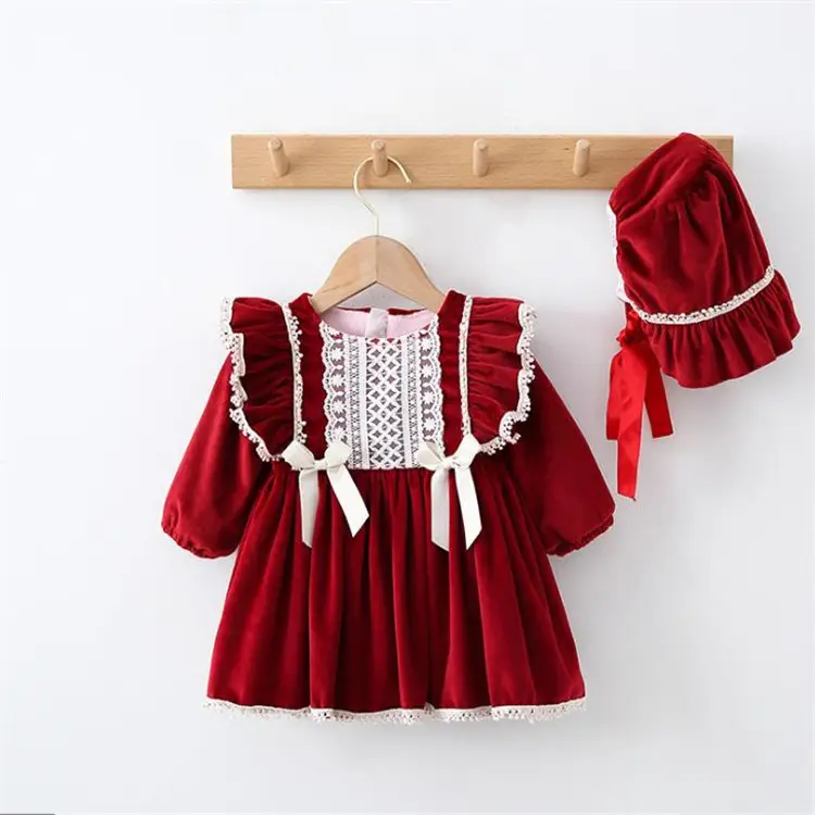 Ropa de Boutique para niños, venta al por mayor, vestidos para niños pequeños, vestido de bebé español de terciopelo rojo Vintage