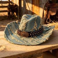 Chapeau de cowboy western en jean délavé vintage avec rivets et boucle en forme de taureau, chapeau de soleil à large bord pour l'extérieur