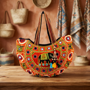 Hermoso Bolso de Hombro Tipo Tote para Mujer, Hecho a Mano en India, con Bordado de Elefante Tallado y Trabajo de Espejo, de Algodón de Color Sólido, Portátil y Abierto - Product Image 2
