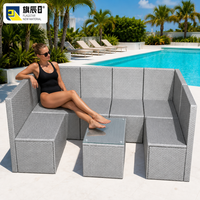 Ensemble de canapé modulaire d'extérieur en rotin PE gris argenté en forme de U avec table basse