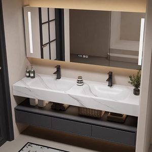 Meuble-lavabo de salle de bain en acier inoxydable avec vasque intégrée, lavabo intelligent, couleur gris, miroir lumineux inclus, taille personnalisable - Product Image 2