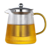 Chaleira de Vidro Borossilicato com Design Listrado de 750ml, Alça Dourada e Tampa Transparente para Preparar e Servir Chá