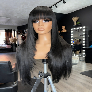 Perruque en dentelle 5x5 sans colle, prête à porter, <span class=keywords><strong>avec</strong></span> <span class=keywords><strong>frange</strong></span>, <span class=keywords><strong>coupe</strong></span> dégradée, en <span class=keywords><strong>cheveux</strong></span> naturels - Product Image 1