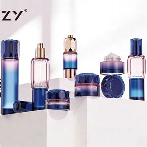 ชุดบรรจุภัณฑ์เครื่องสำอางแก้วไล่เฉดสีม่วงน้ำเงินสุดหรู ขวดและกระปุกบรรจุภัณฑ์สำหรับผลิตภัณฑ์บำรุงผิวแบบเปล่า พร้อมฝาสีโรสโกลด์ สำหรับโลชั่น เซรั่ม และครีม - Product Image 1