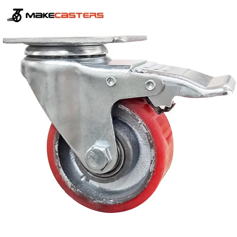 Heavy Duty Cast Iron PU Caster Wheels 4 inch High Load Ruedas Forklift Trolley Wheels Industrial Swivel Locking Brake Top Plate