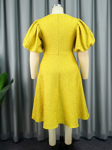 <span class=keywords><strong>Amarillo</strong></span> O cuello dulce una línea Jacquard Puff manga vestidos casuales - Product Image 4