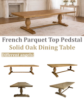 Ensemble de table à manger longue sur piétement en bois massif de chêne, style campagne française, luxe antique, plateau en parquet, pour événements et mariages, T159-300P