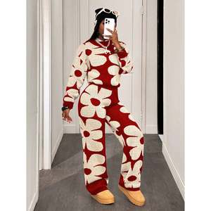 Ensemble décontracté pour femme : pantalon en maille à motif floral avec taille élastique, motif rouge et blanc, couleur abricot, taille S, longueur complète - Product Image 6