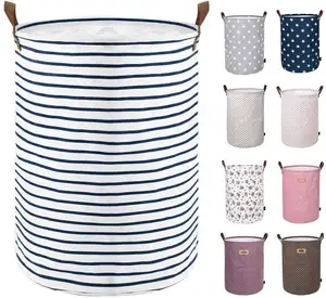 Hot-selling moda stripe impressão lona algodão pano Cesta de roupa dobrável para armazenamento com forro cesta