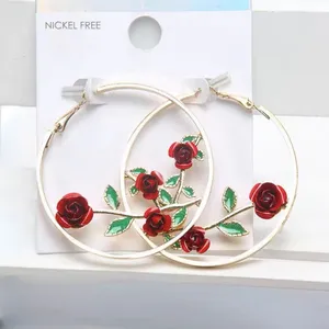 Trendy Girls Big Hoop Earring Multi-color Rose Drop Earring Circular Hollow Out Flower Earrings For Women